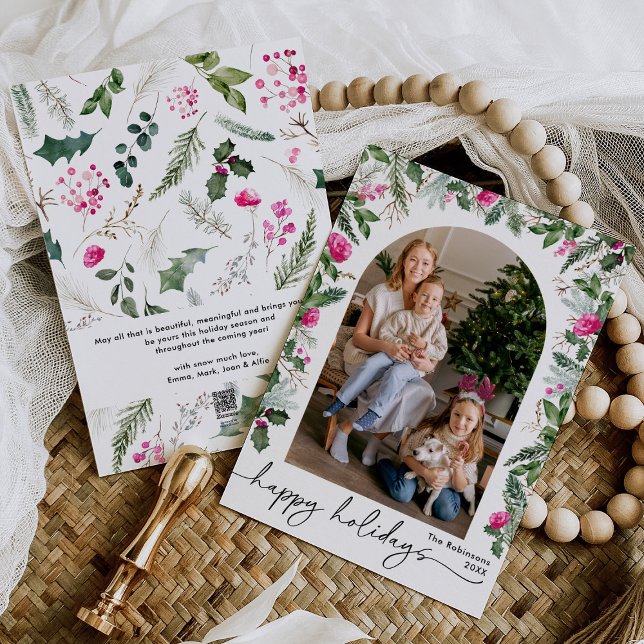 Cartes Pour Fêtes Annuelles Arc de verdure de fleurs roses élégantes 1 Photo (Créateur téléchargé)