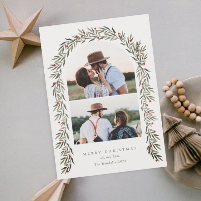 Cartes Pour Fêtes Annuelles Arc de verdure Script moderne 2 Photo Noël (Elegant greenery arch 2 photo christmas holiday cards.)