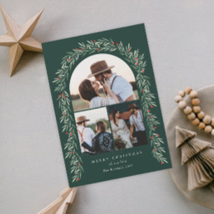Cartes Pour Fêtes Annuelles Arc de verdure Script moderne 3 Photo Noël