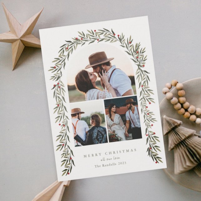 Cartes Pour Fêtes Annuelles Arc de verdure Script moderne 3 Photo Noël (Elegant greenery arch 3 photo christmas holiday cards.)