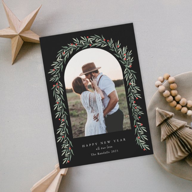 Cartes Pour Fêtes Annuelles Arc de verdure Script moderne Photo Bonne année (Créateur téléchargé)