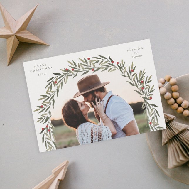 Cartes Pour Fêtes Annuelles Arc de verdure Script moderne Photo Noël (Elegant greenery arch photo christmas holiday cards.)