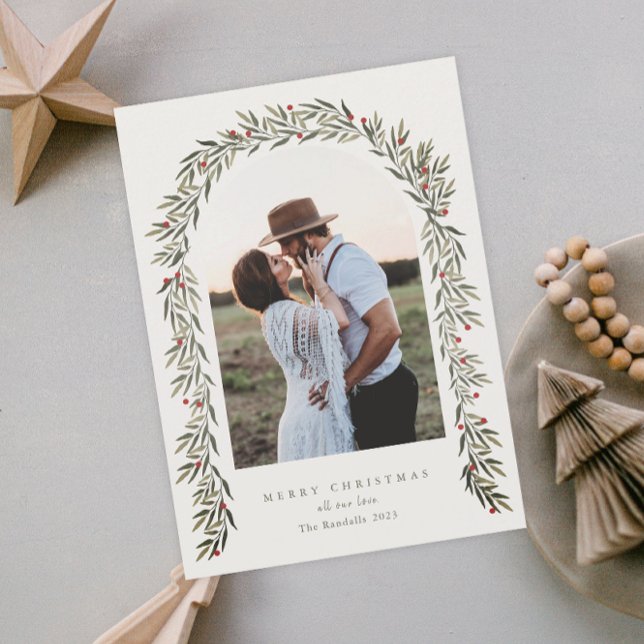 Cartes Pour Fêtes Annuelles Arc de verdure Script moderne Photo Noël (Créateur téléchargé)