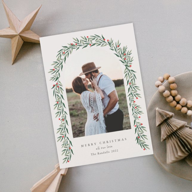 Cartes Pour Fêtes Annuelles Arc de verdure Script moderne Photo Noël (Créateur téléchargé)