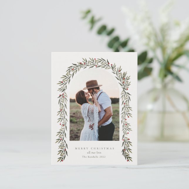 Cartes Pour Fêtes Annuelles Arc de verdure Script moderne Photo Noël (Debout devant)