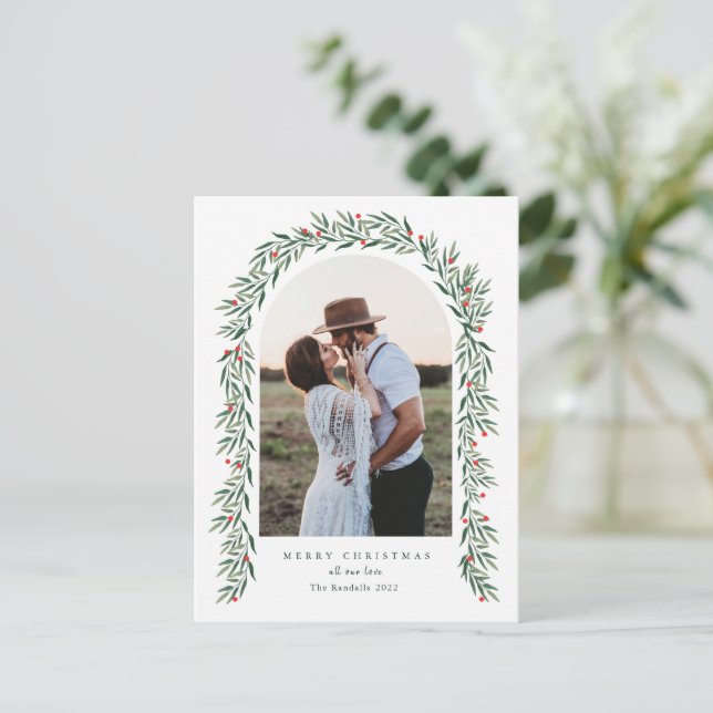 Cartes Pour Fêtes Annuelles Arc de verdure Script moderne Photo Noël (Debout devant)