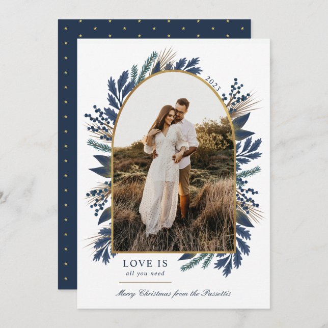 Cartes Pour Fêtes Annuelles Arc d'or Élégant Foliing Marine Un Noël Photo (Devant / Derrière)