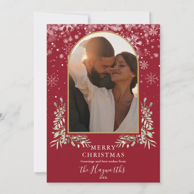 Cartes Pour Fêtes Annuelles Arc en or de Noël Photo Floral Vert (Devant)