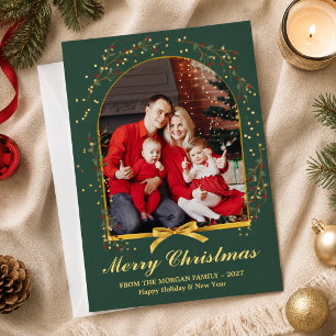 Cartes Pour Fêtes Annuelles Arc en or vert Bow 4 Photo Noël Vacances