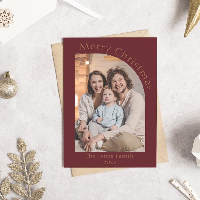 Cartes Pour Fêtes Annuelles Arc moderne rouge et or Noël (modern boho red arch photo christmas holiday card)