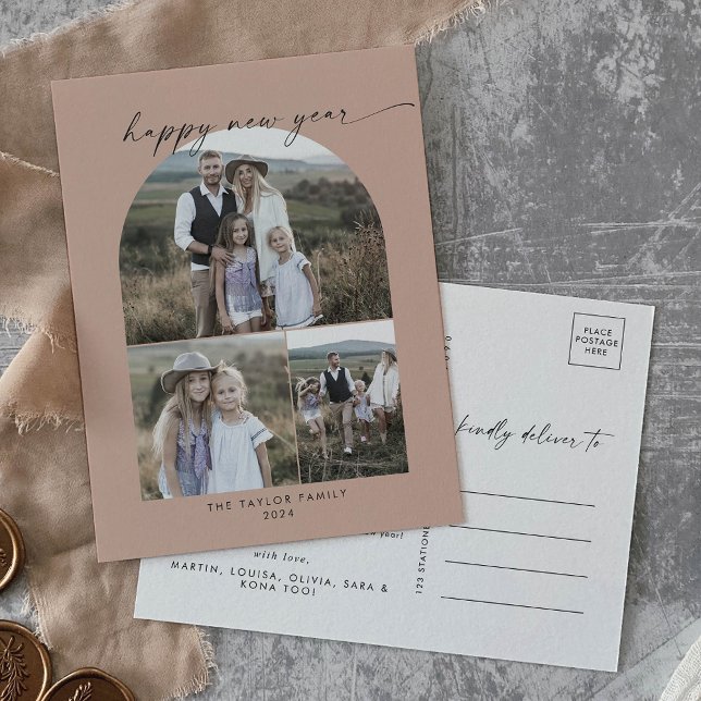 Cartes Pour Fêtes Annuelles Arc moderne Saumon photo Collage Famille Nouvel An (Créateur téléchargé)
