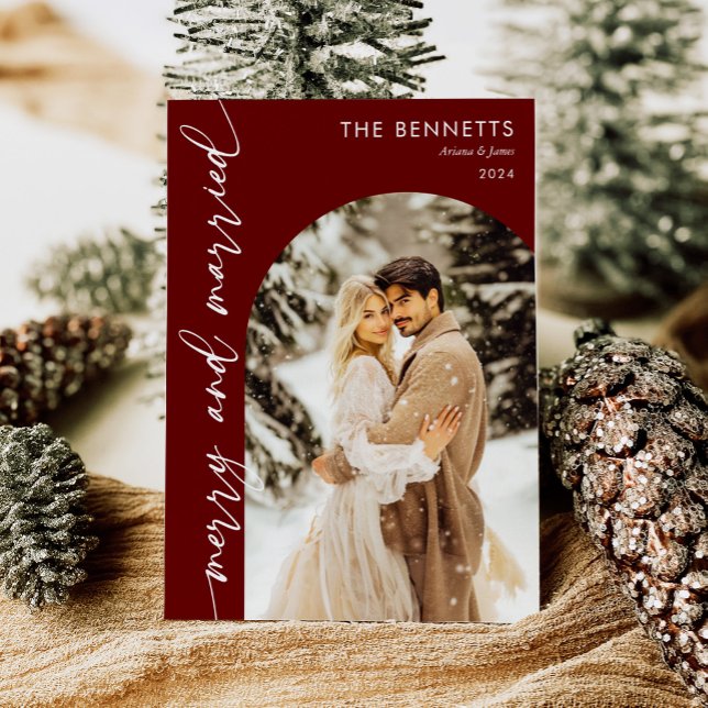 Cartes Pour Fêtes Annuelles Arc rouge moderne photo Nouveaux mariés Joyeux et  (Créateur téléchargé)