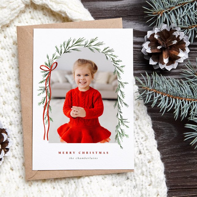 Cartes Pour Fêtes Annuelles Arc verdoyant & Bow Élégant Script photo Noël (Créateur téléchargé)