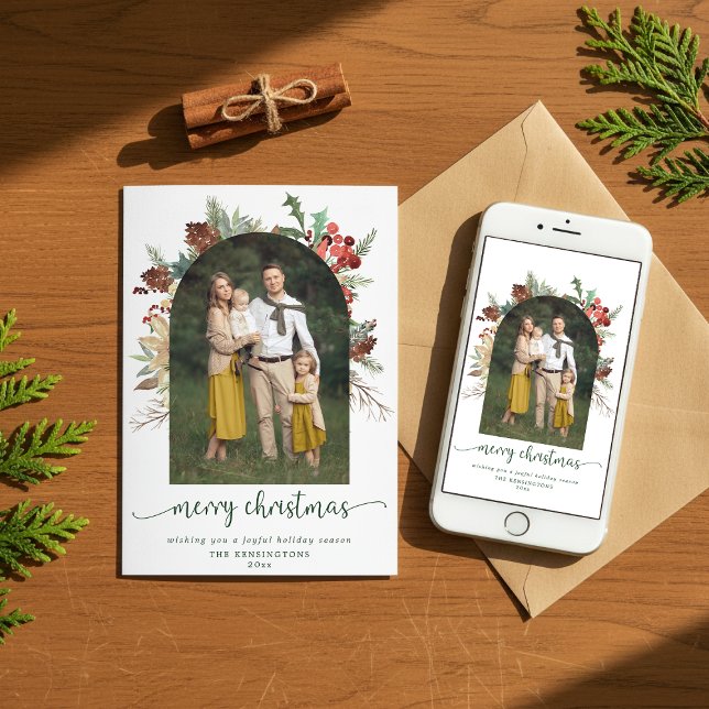 Cartes Pour Fêtes Annuelles Arc vert moderne Joyeux Noël Photo (Modern Greenery Arch Merry Christmas Photo Holiday Card with Instant Download Option)