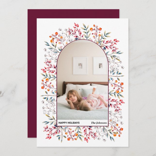 Cartes Pour Fêtes Annuelles Arch feuilles et baies bordeaux photo de Noël (Devant / Derrière)