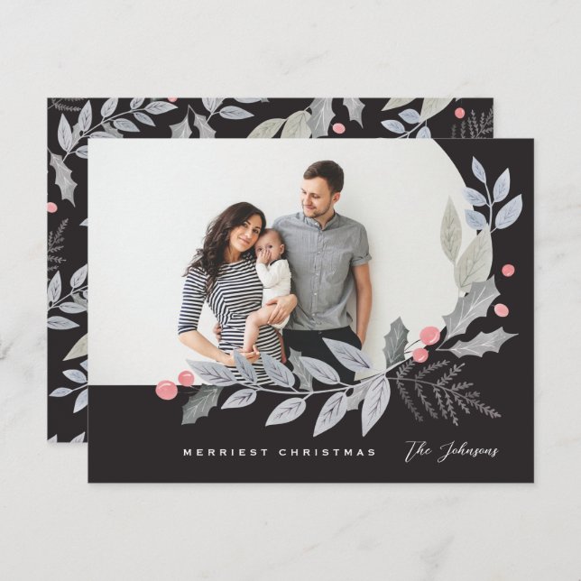 Cartes Pour Fêtes Annuelles Arch Holly Berry Feuilles Photo de Noël (Devant / Derrière)