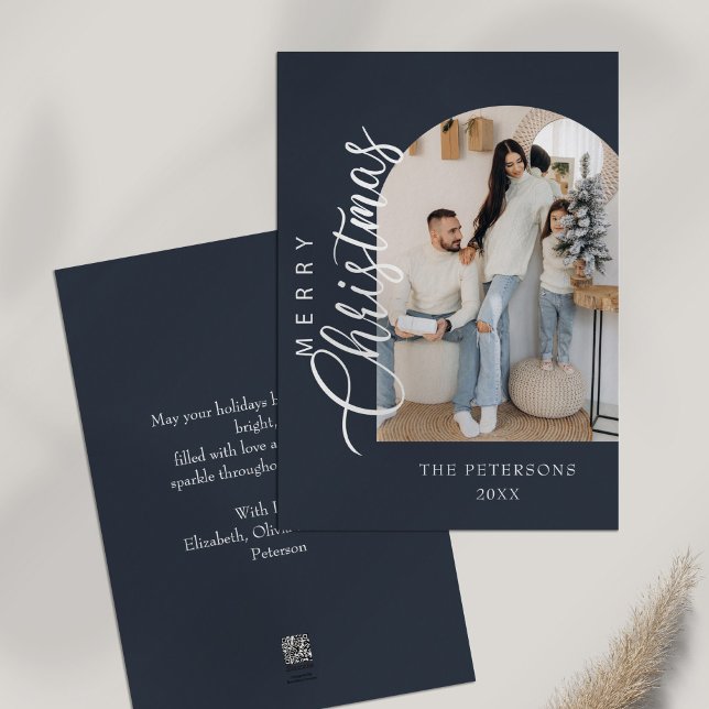 Cartes Pour Fêtes Annuelles Arch Shape Midnight Bleu Photo voeux de Noël (Arch Shape Midnight Blue Photo Christmas Greeting Holiday Card on a white table)