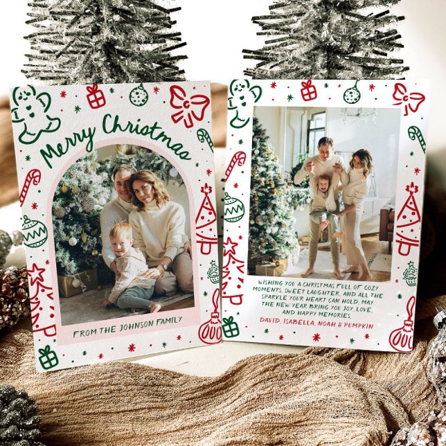 Cartes Pour Fêtes Annuelles Arche à main fantaisie photo Joyeux Noël (Whimsical Hand Drawn Arch Photo Merry Christmas Holiday Card)