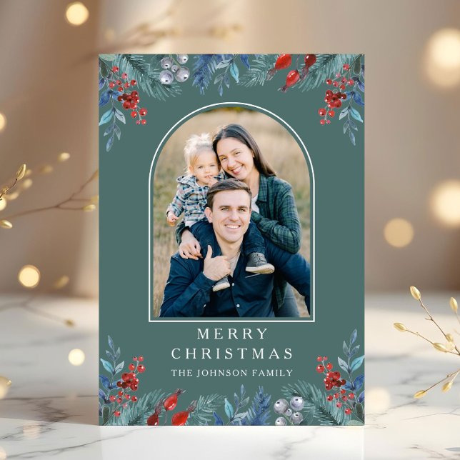 Cartes Pour Fêtes Annuelles Arche de photo de Noël 1 Aquarelle botanique (Christmas 1 Photo Arch Watercolor Botanical Holiday Card)