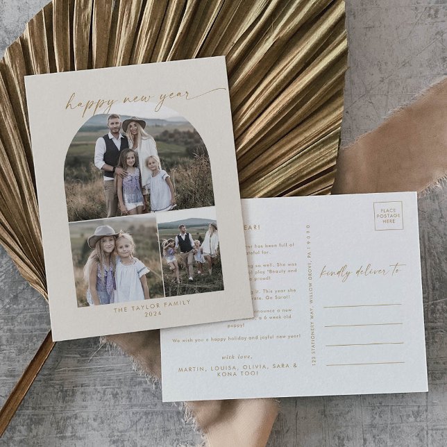 Cartes Pour Fêtes Annuelles Arche moderne | Cream Photo Collage Famille Nouvel (Créateur téléchargé)
