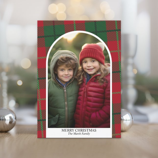 Cartes Pour Fêtes Annuelles Arche moderne photo Joyeux Noël rouge vert plaid (Photo Christmas Card)