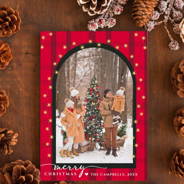 Cartes Pour Fêtes Annuelles Arche moderne & Script Red Plaid Photo de Noël (Créateur téléchargé)