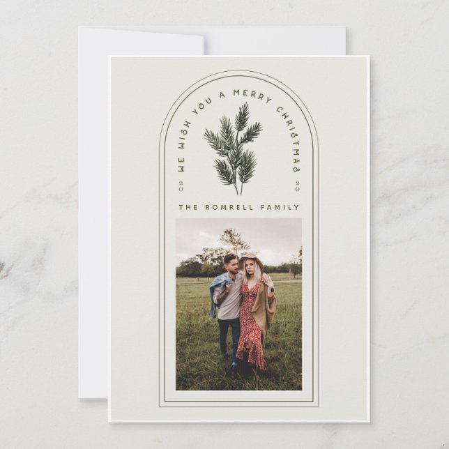 Cartes Pour Fêtes Annuelles Arche verte rétro et crème avec branche de pin (Devant)