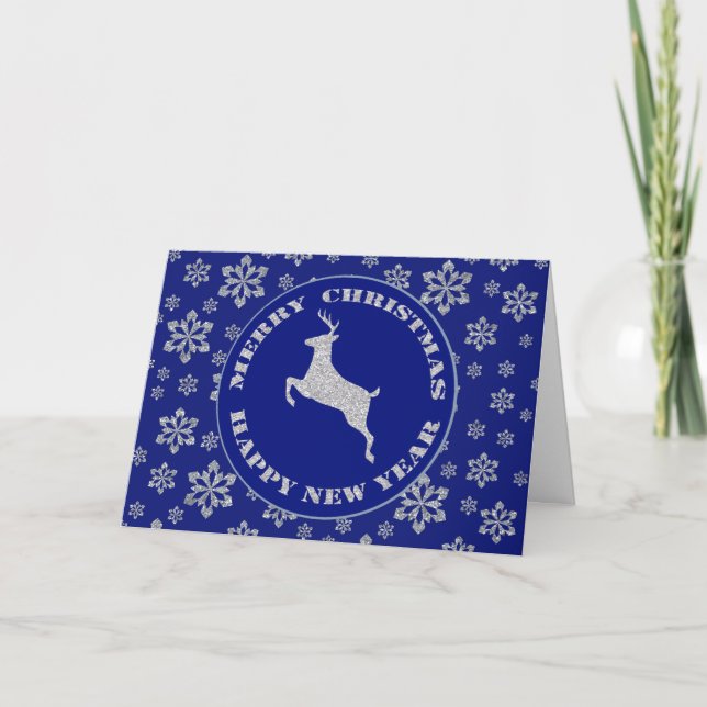 Cartes Pour Fêtes Annuelles Argent Snowflake Reindeer Bleu Noël (Devant)