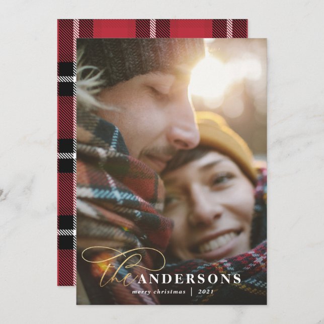 Cartes Pour Fêtes Annuelles Arrière-plan en or rouge plaid 1 photo Noël (Devant / Derrière)