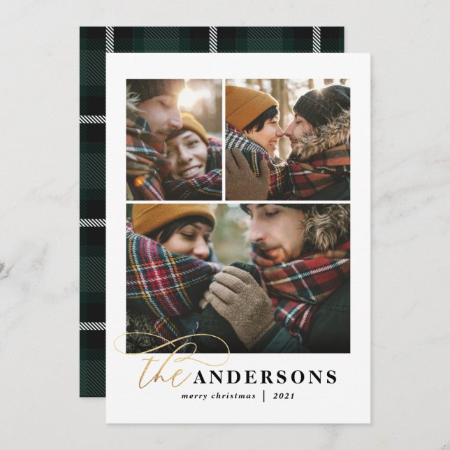 Cartes Pour Fêtes Annuelles Arrière-plan en or vert plaid 3 photo Noël (Devant / Derrière)