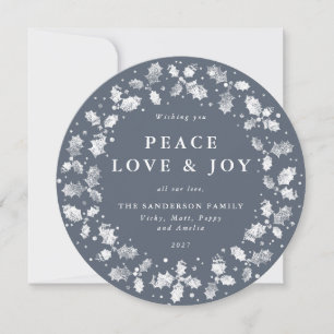Cartes Pour Fêtes Annuelles Arrondi Bleu Gris Holly Wreath Paix Amour + Joie