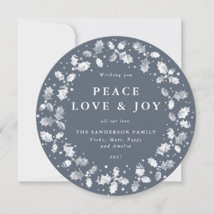 Cartes Pour Fêtes Annuelles Arrondi Bleu Gris Holly Wreath Paix Amour + Joie