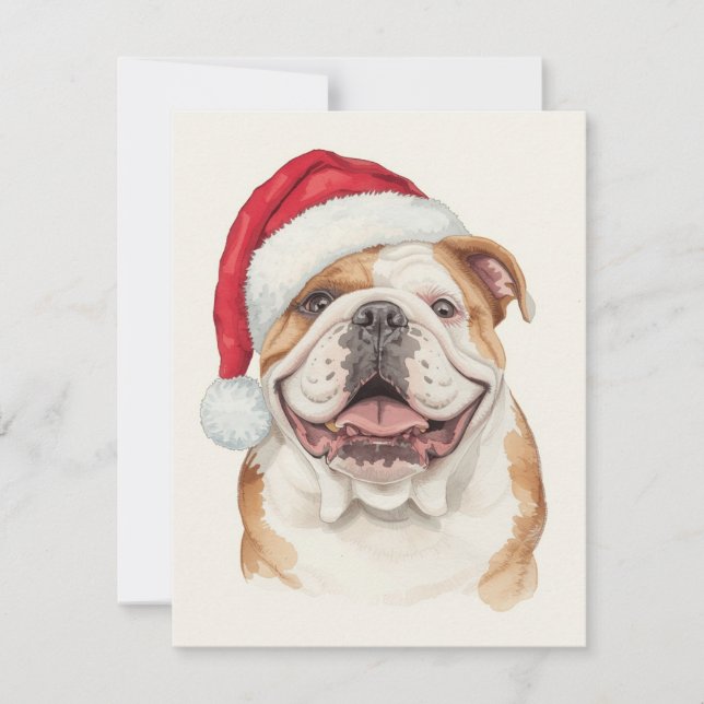 Cartes Pour Fêtes Annuelles Art de chapeau de Père Noël à l'aquarelle Bouledog (Devant)