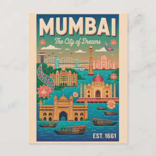 Cartes Pour Fêtes Annuelles Art de l'affiche de voyage rétro Mumbai Inde
