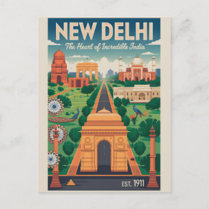 Cartes Pour Fêtes Annuelles Art de l'affiche de voyage rétro New Delhi Inde