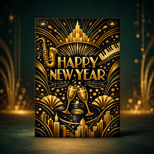 Cartes Pour Fêtes Annuelles Art Déco Jazz Or Bonne Année