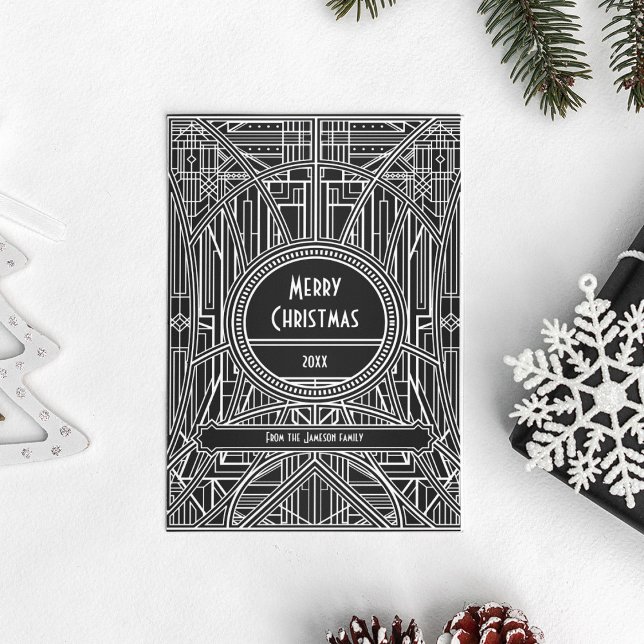 Cartes Pour Fêtes Annuelles Art déco rétro Joyeux Noël noir et blanc (Créateur téléchargé)