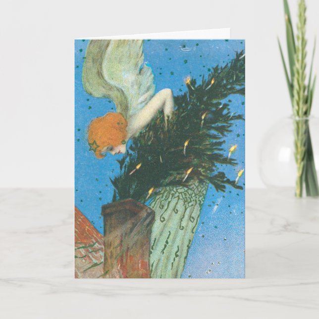 Cartes Pour Fêtes Annuelles Art Nouveau Ange apportant l'arbre de Noël (Devant)