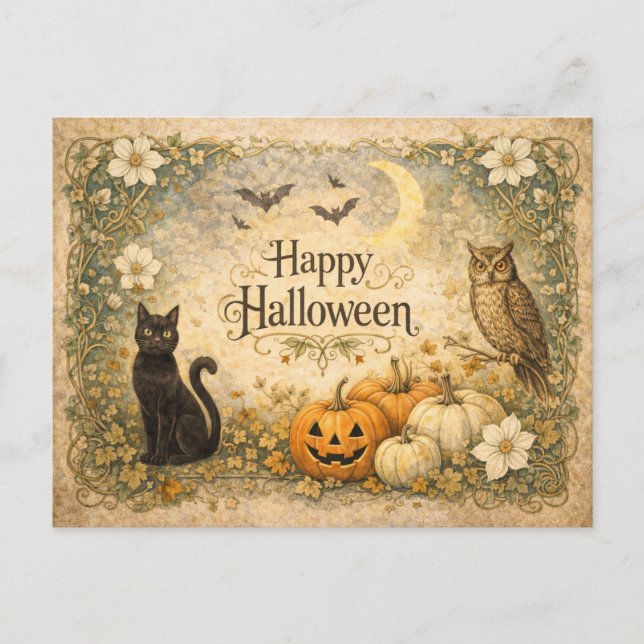 Cartes Pour Fêtes Annuelles Art Nouveau Black Cat Owl Halloween (Devant)