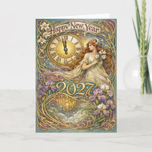 Cartes Pour Fêtes Annuelles Art Nouveau floral vintage Bonne Année 2027