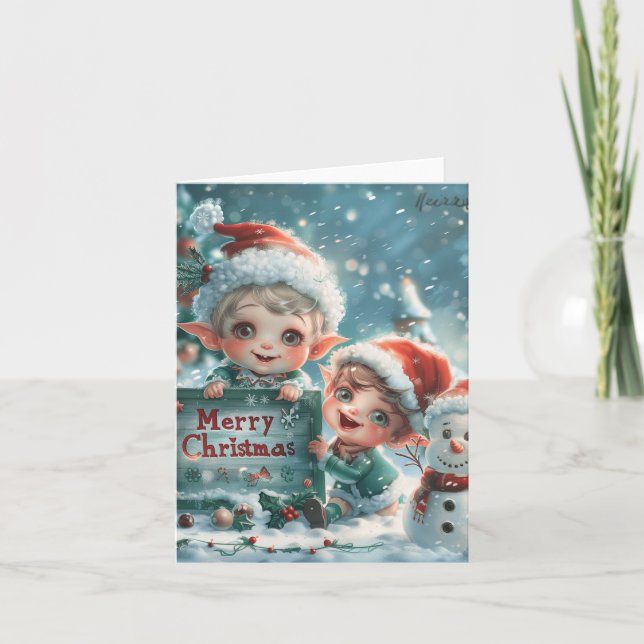 Cartes Pour Fêtes Annuelles Art numérique de Noël des elfes de bébé (Devant)