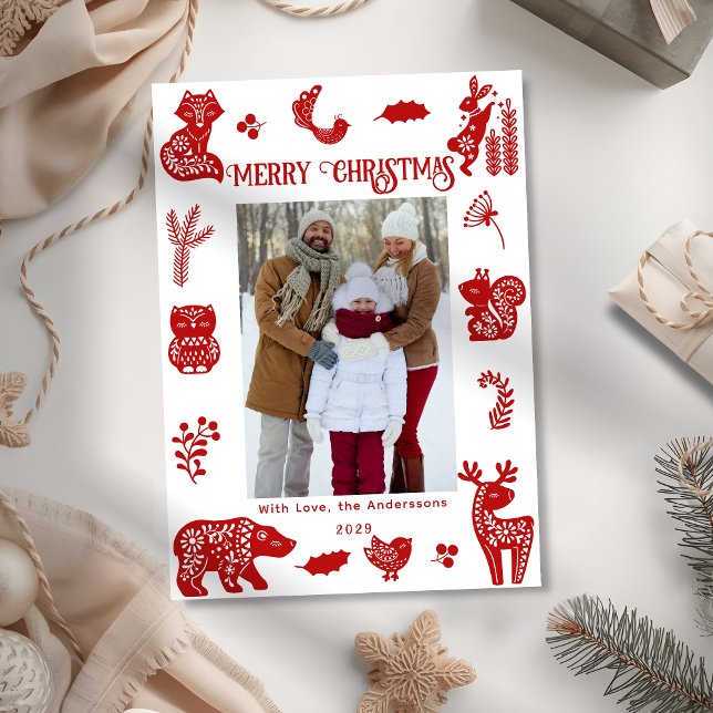 Cartes Pour Fêtes Annuelles Art populaire scandinave Forêt Animaux de la forêt (Créateur téléchargé)