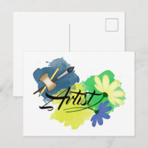 Artiste. Dessin. Bleu et jaune. Pinceau et 