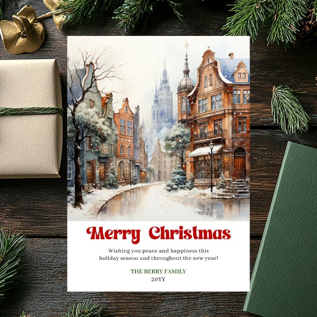 Cartes Pour Fêtes Annuelles Artistic rustic holiday scene cozy winter city art (Artistic rustic holiday scene cozy winter city art)