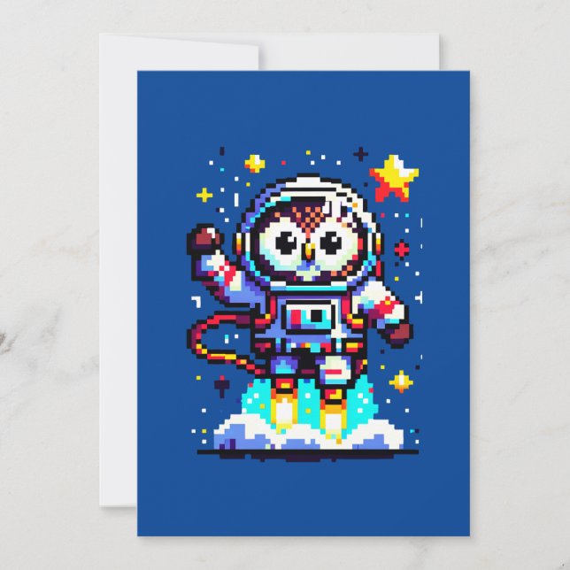 Cartes Pour Fêtes Annuelles Astronaute de hibou à 8 bits - Explorateur d'espac (Devant)