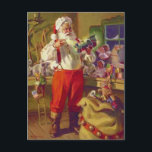 Cartes Pour Fêtes Annuelles Atelier père Noël et Jouets Vintage Noël<br><div class="desc">Cette carte postale de voeux de vacances présente une magnifique image vintage du Père Noël examinant une locomotive de jouets dans sa boutique, avec d'autres jouets sur les étagères et le pupitre autour de lui. Son sac de jouet complet avec des cloches de jingle est assis sur le sol devant...</div>