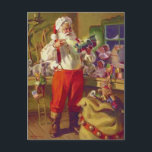 Cartes Pour Fêtes Annuelles Atelier père Noël et Jouets Vintage Noël<br><div class="desc">Cette carte postale de voeux de vacances présente une magnifique image vintage du Père Noël examinant une locomotive de jouets dans sa boutique, avec d'autres jouets sur les étagères et le pupitre autour de lui. Son sac de jouet complet avec des cloches de jingle est assis sur le sol devant...</div>