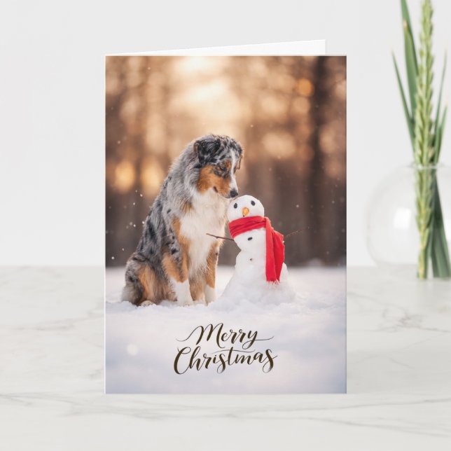 Cartes Pour Fêtes Annuelles Australian Shepherd Christmas Snowman (Devant)