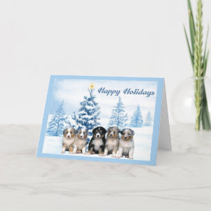 Cartes Pour Fêtes Annuelles Australian Shepherd Puppy Christmas Card Blue Tree