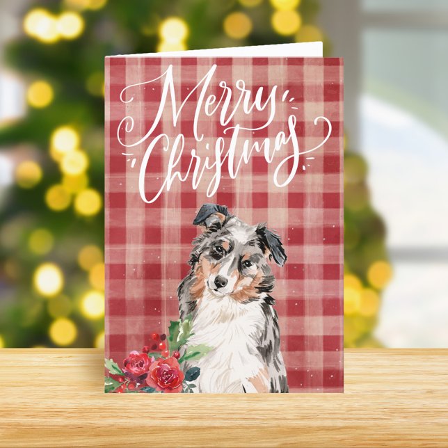 Cartes Pour Fêtes Annuelles Australian Shepherd Red Plaid Noël (Créateur téléchargé)